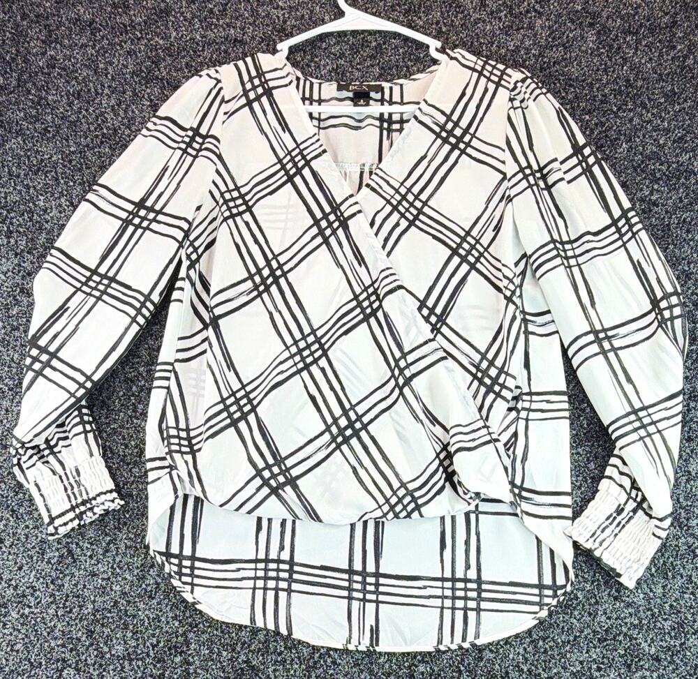 BCX Women's Black White Plaid Woven V-Neck Smocked Pullover Blouse Size S